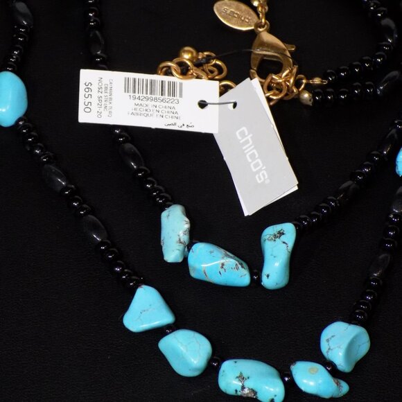 New w/$65.50 Tag Chico's Cayman Black Turquoise Double Strand Beaded Necklace - Picture 8 of 9